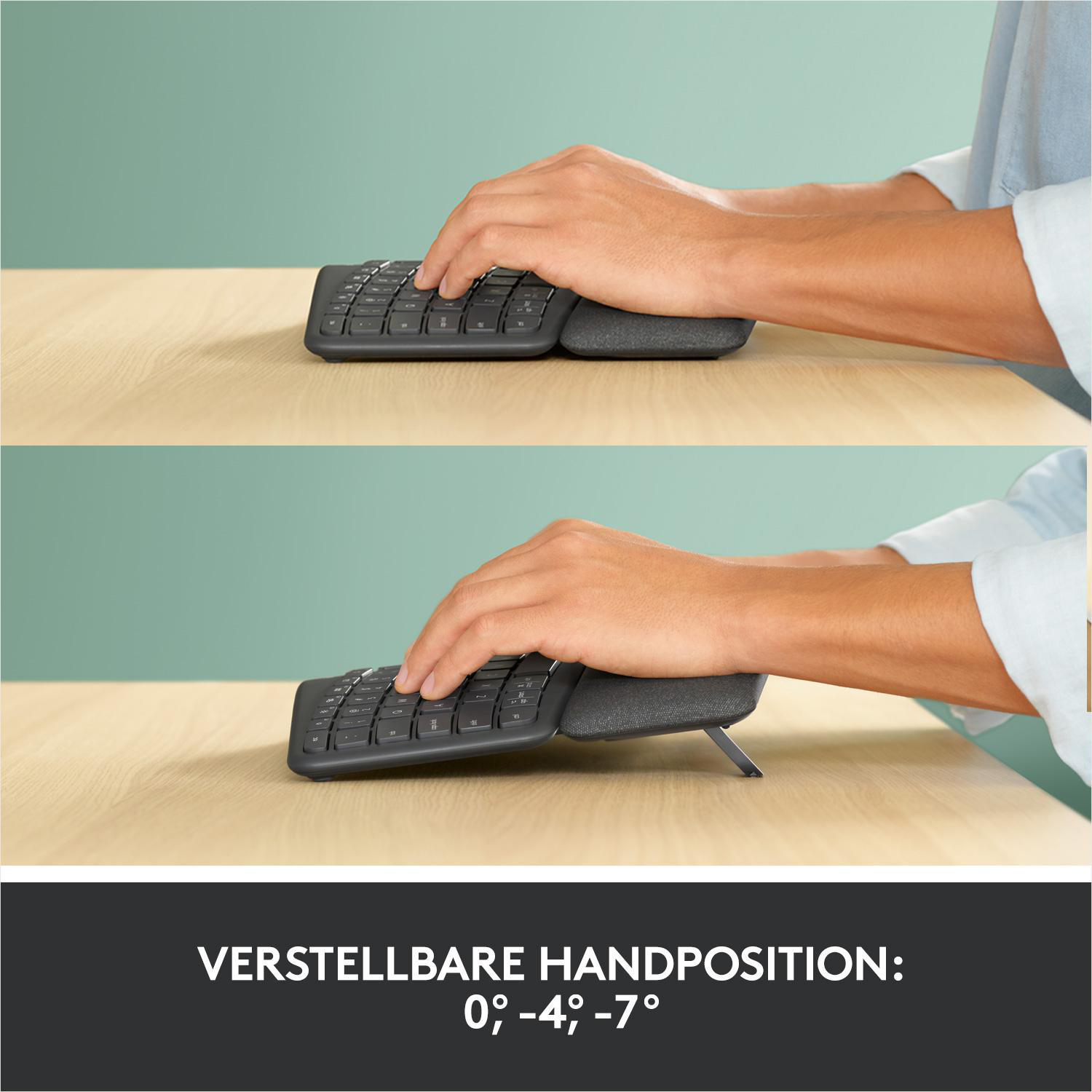 Zwei Bilder von Händen, die auf einer schwarzen Tastatur mit angebrachter Handgelenkauflage tippen, in verschiedenen Positionen.