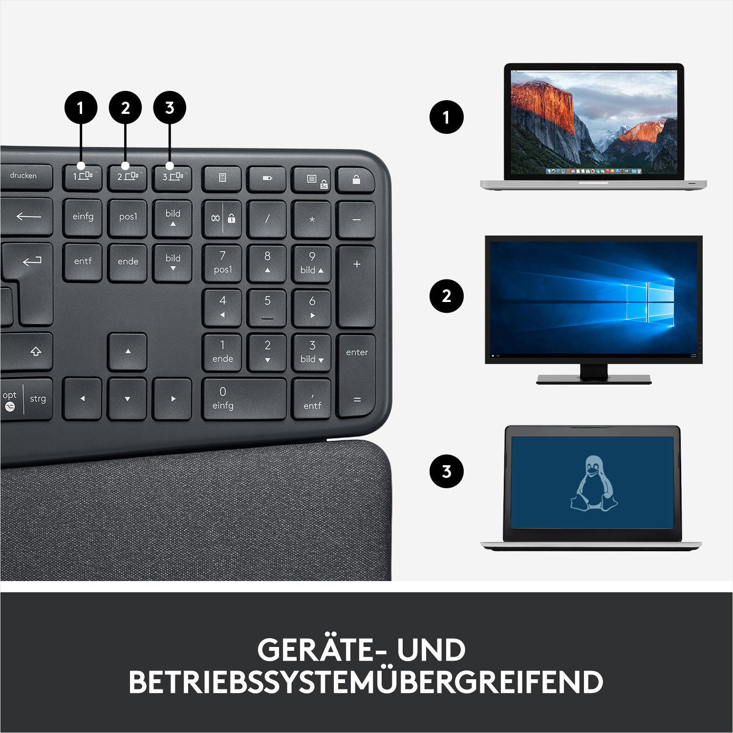 Tastatur mit Zahlen. Monitore verschiedener Typen. Text: GERÄTE- UND BETRIEBSSYSTEMÜBERGREIFEND.