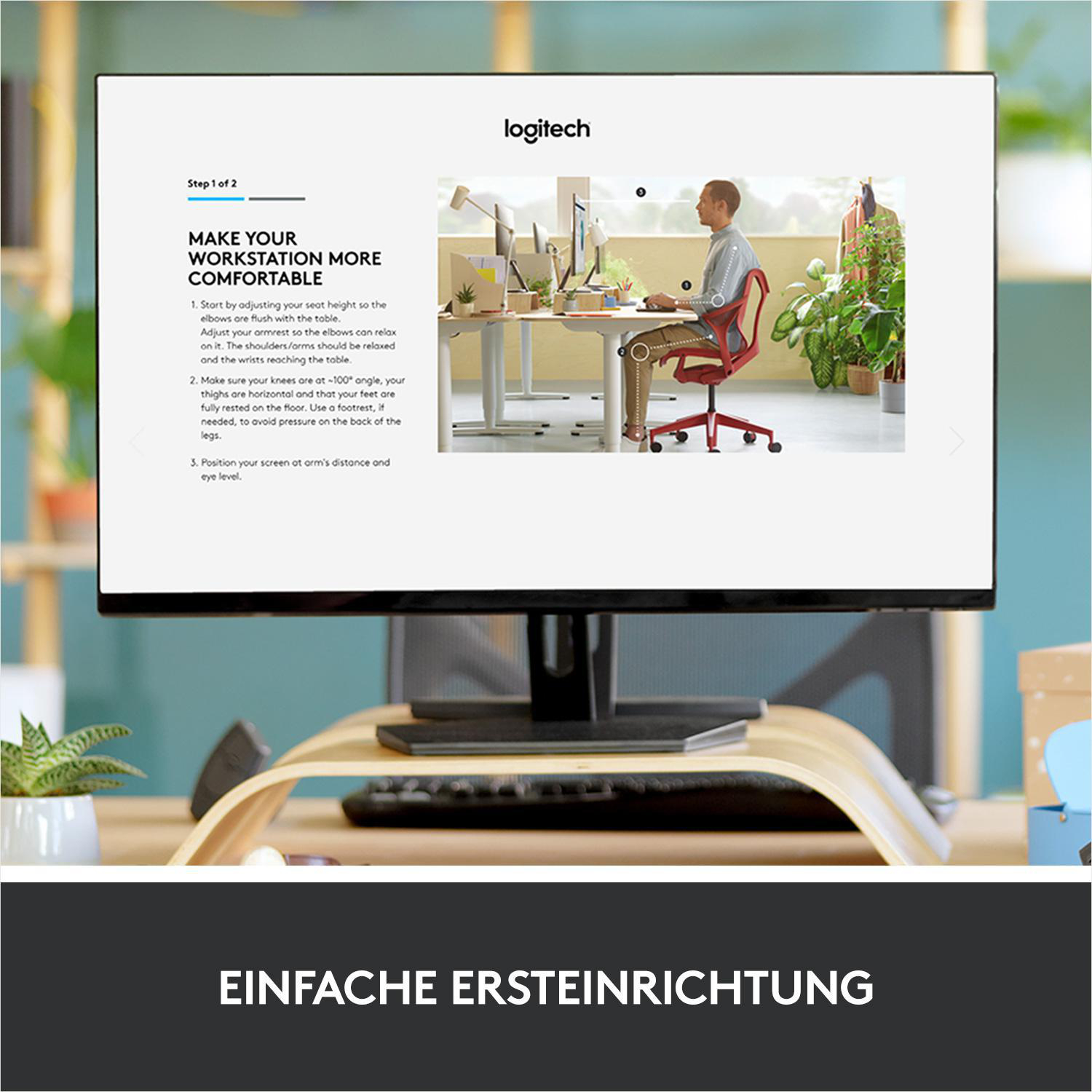Computerbildschirm mit ergonomischen Einrichtungshinweisen, mit Schreibtisch und rotem Stuhl.