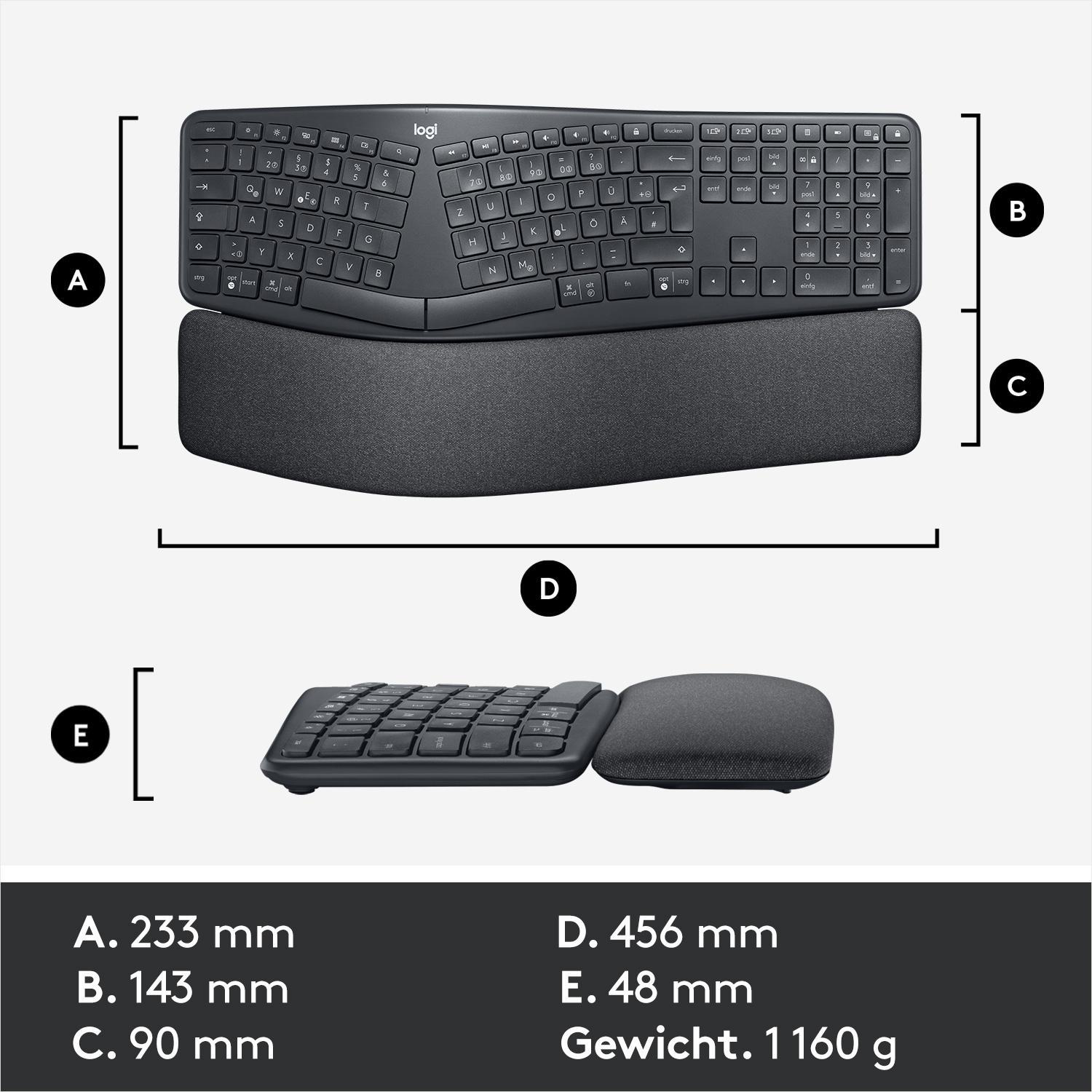 Ergonomische Tastatur mit Handballenauflage. Maße der Tastatur sind ebenfalls angegeben.