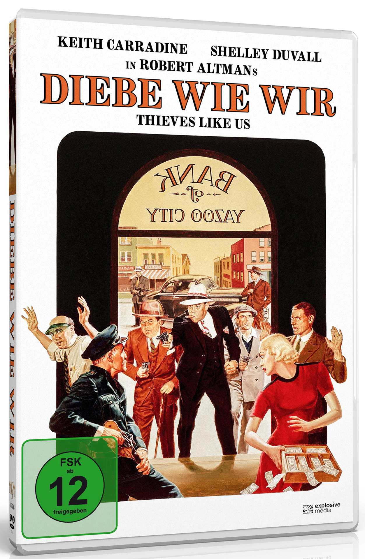 DVD-Cover von 'Diebe wie wir', mit Filmschauspielern und einer Bankraubszene.