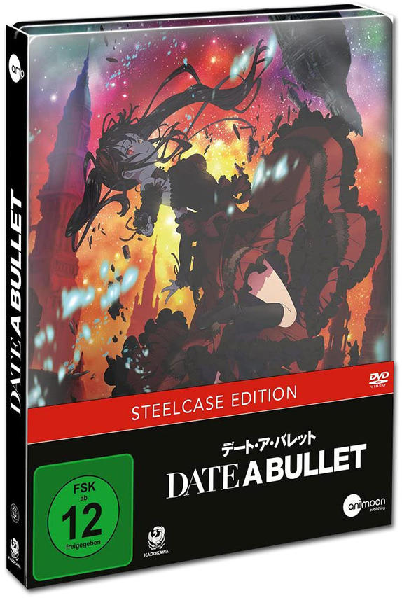 DVD-Hülle für 'Date A Bullet'. Enthält Anime-Kunst mit einem roten und schwarzen Farbschema und japanischem Text.