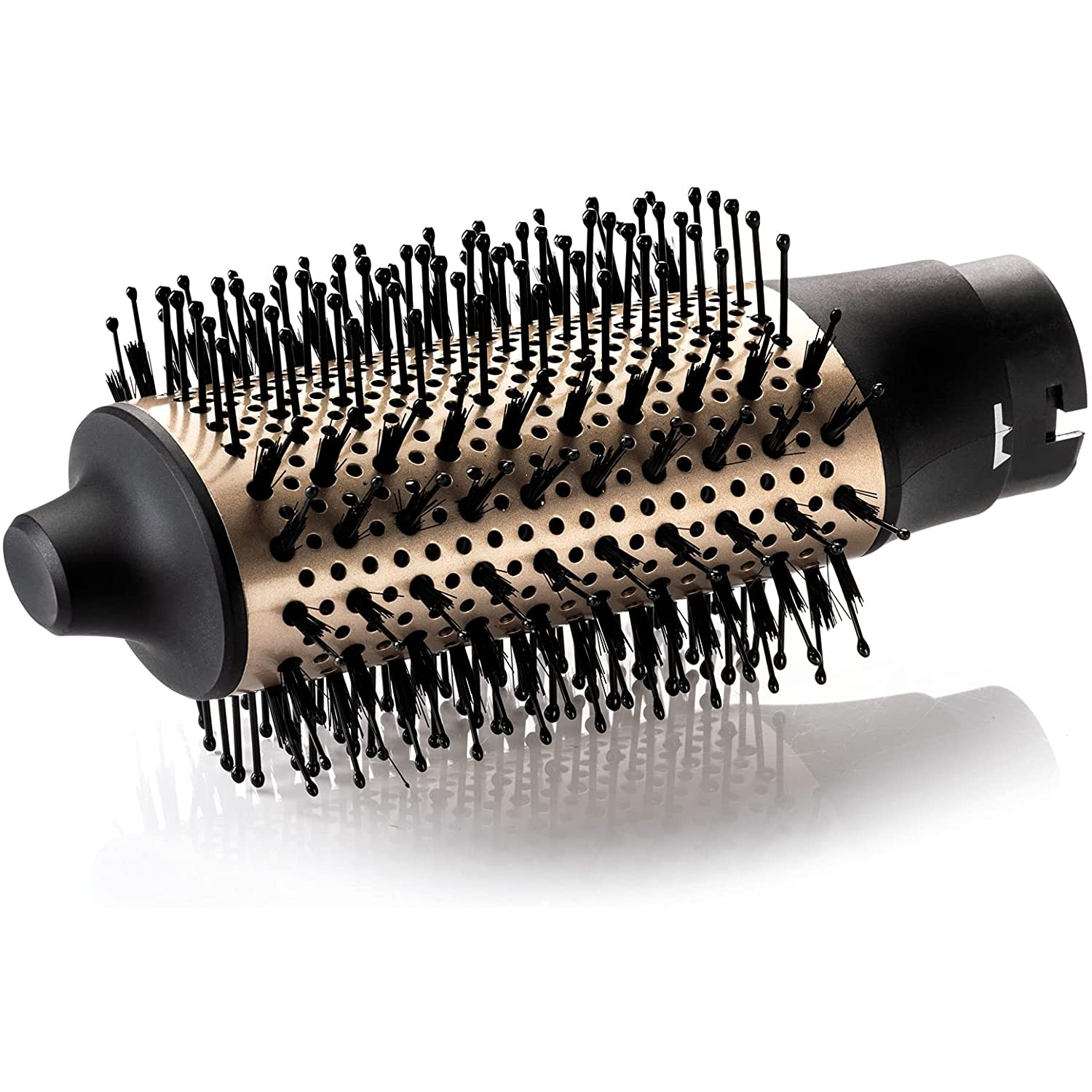 Primer plano del cabezal de un cepillo de secador de pelo con cerdas negras.