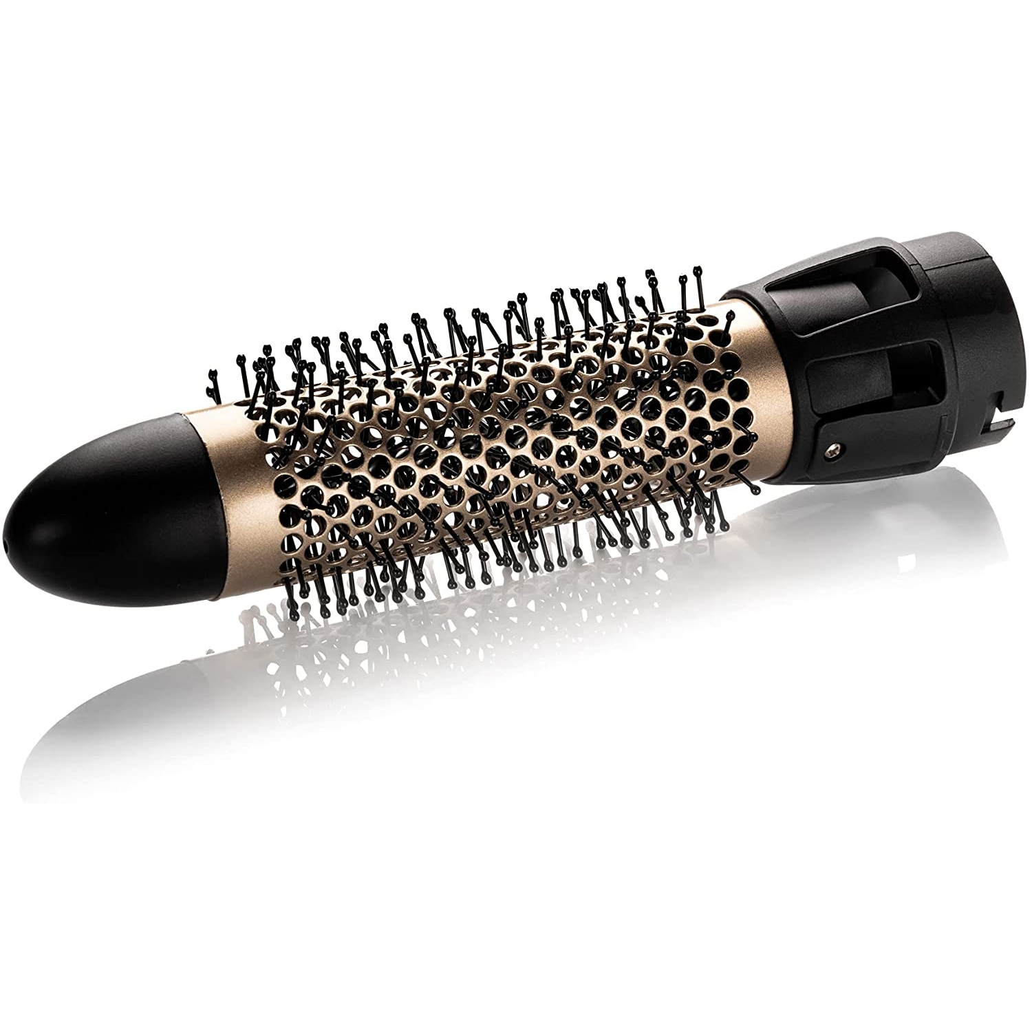 Un cepillo para el cabello con cerdas negras y un cuerpo dorado.