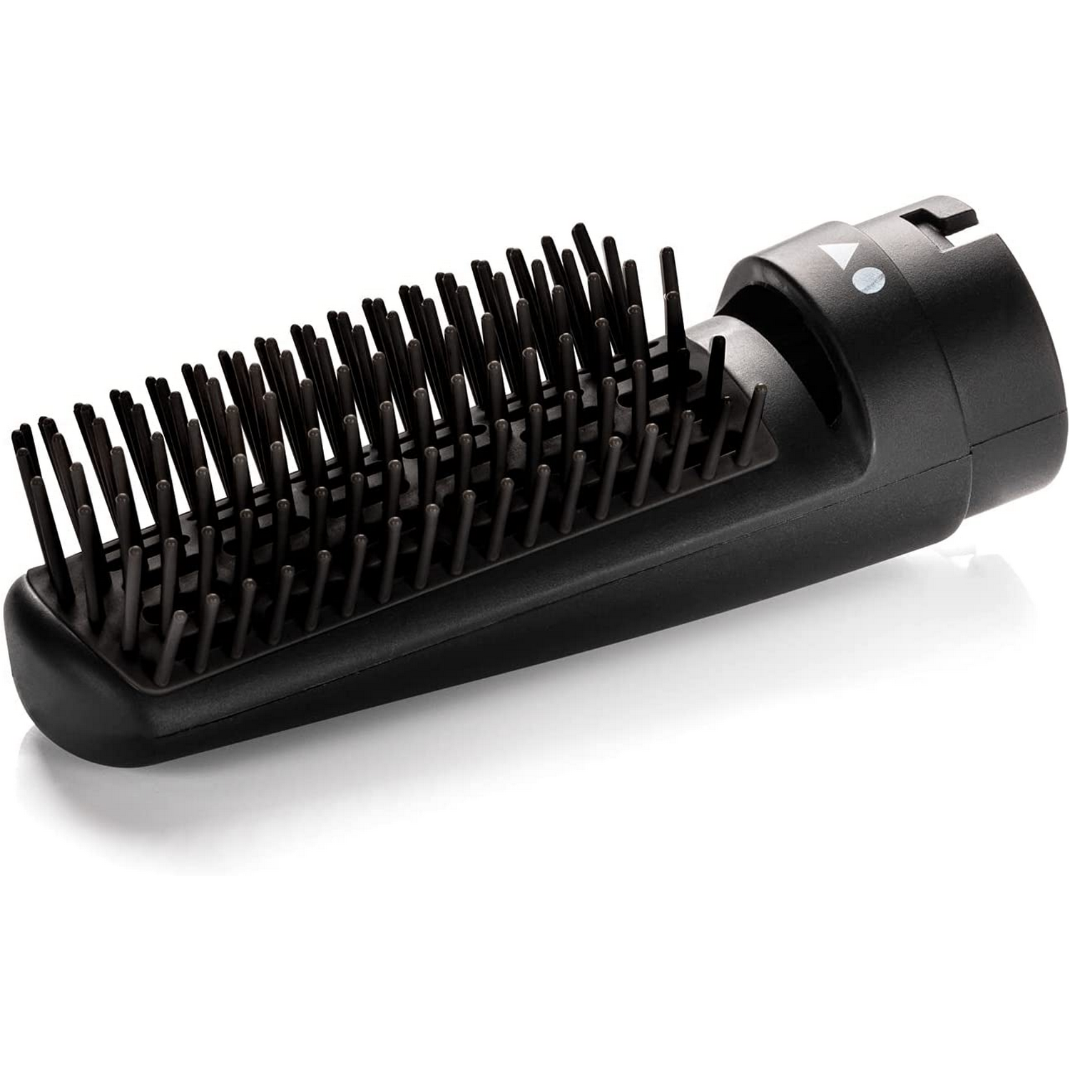 Un accesorio de cepillo negro para una herramienta de peinado, con fondo blanco.