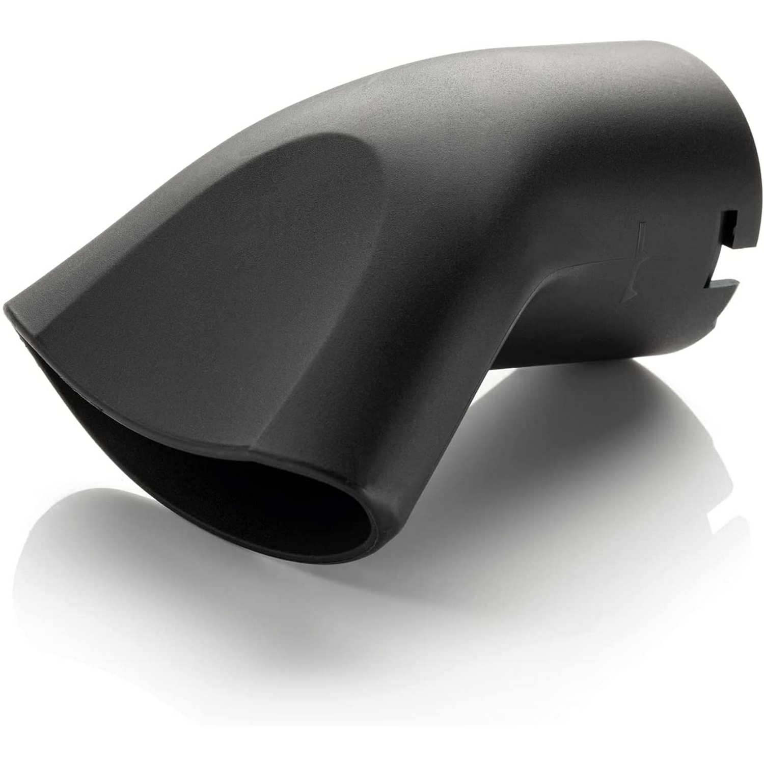 Accesorio de plástico negro, forma curva, superficie reflectante blanca.