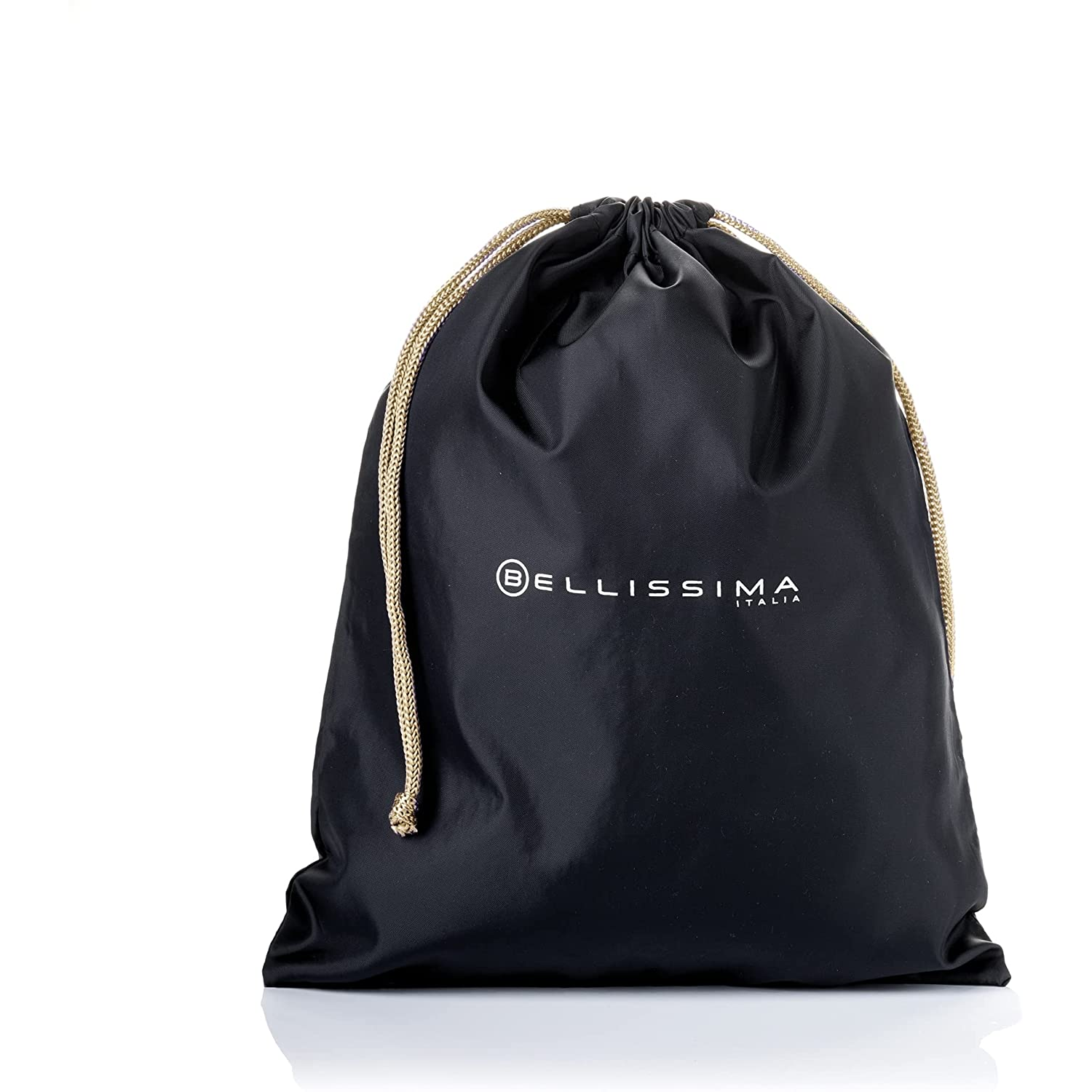 Bolsa negra con cordón dorado y texto blanco "BELLISSIMA ITALIA".