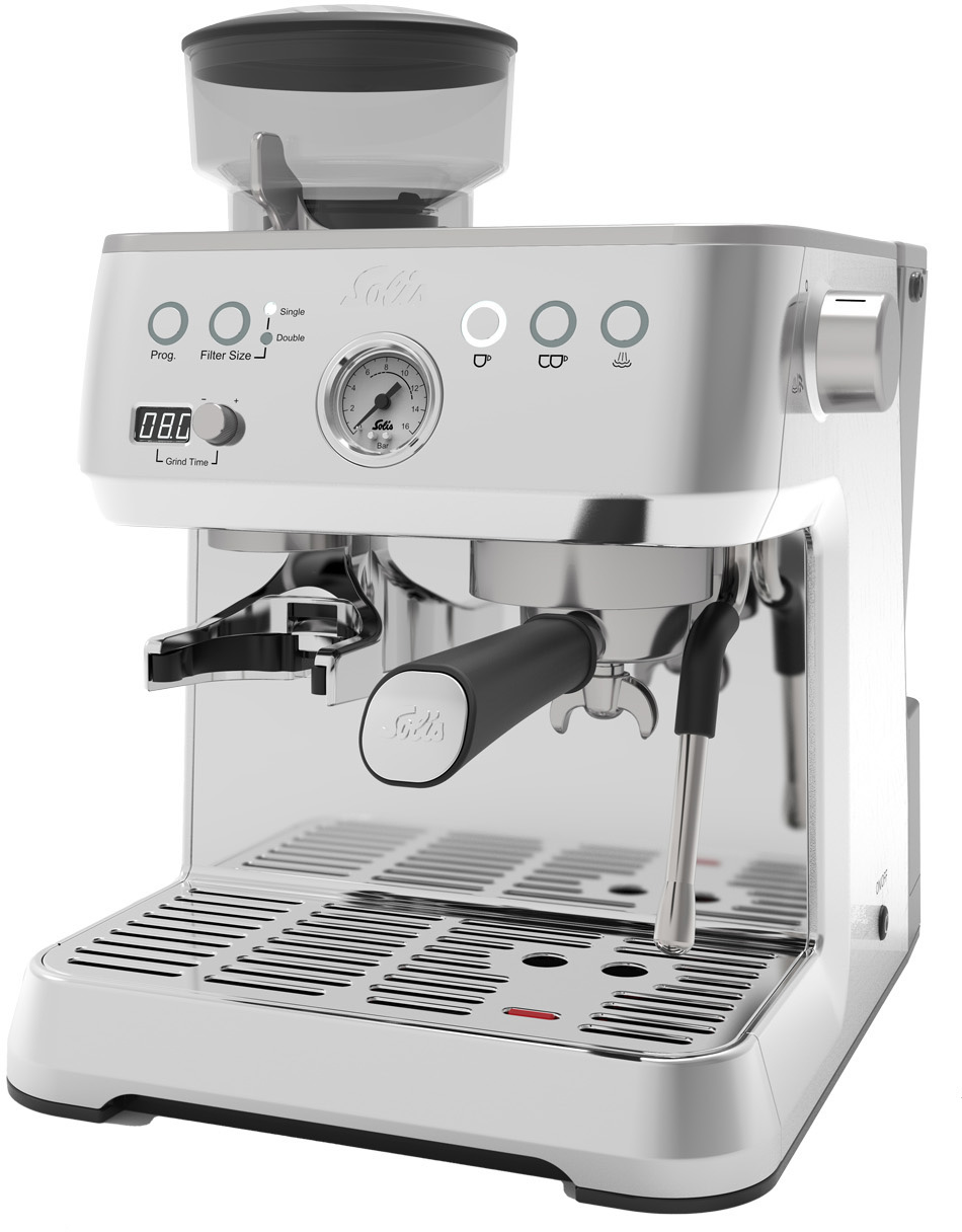 Silver espresso machine with a grinder on top. Black handle.