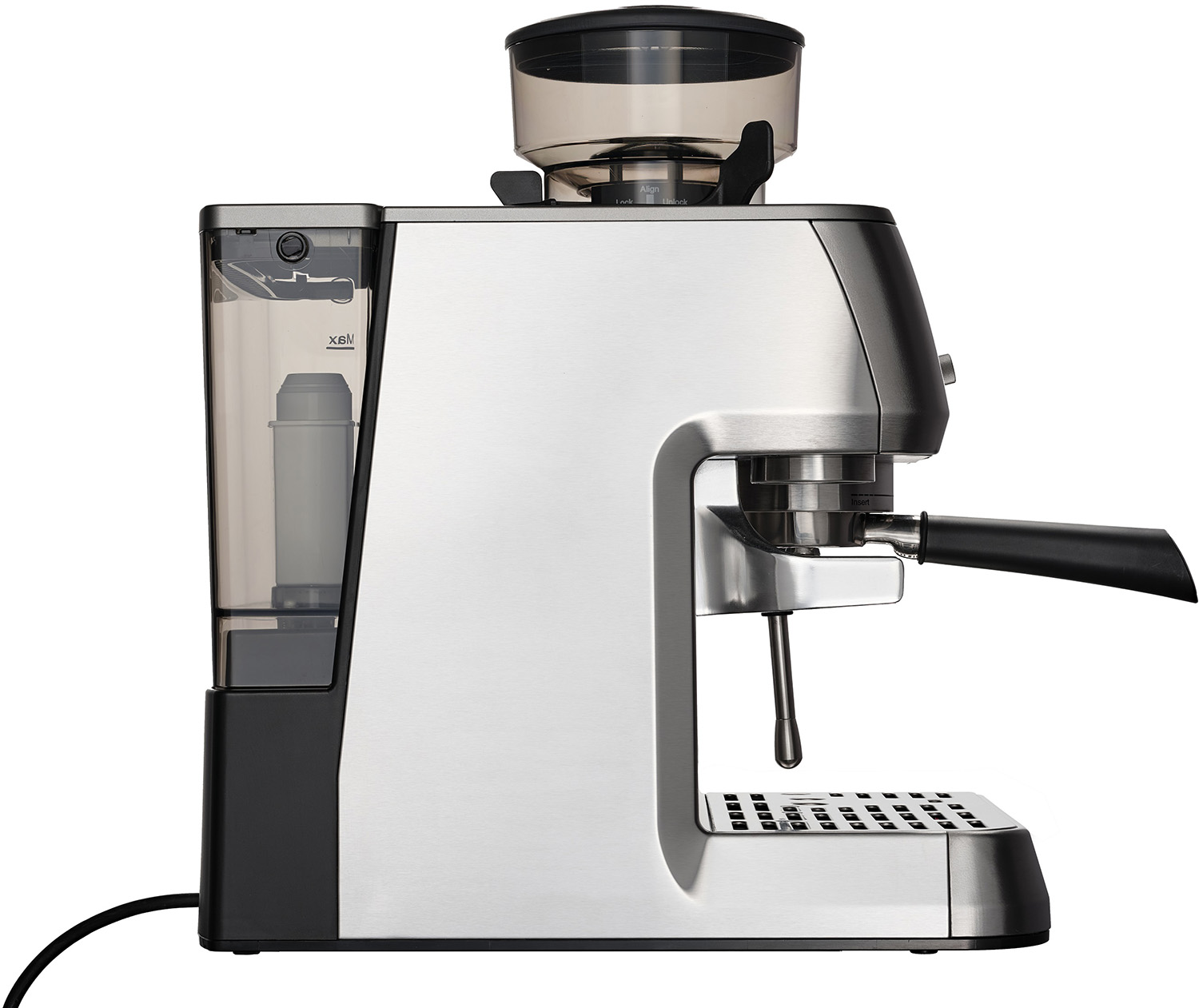 Silver and black espresso machine. Includes a water tank, grinder, and portafilter.