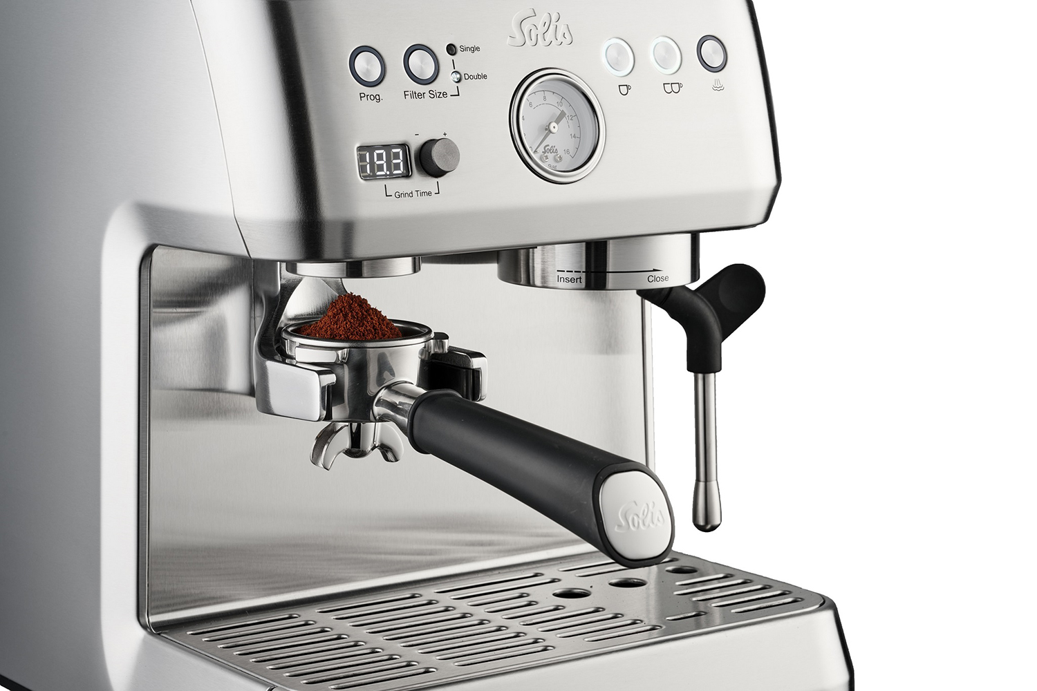 Stainless steel espresso machine with a portafilter filled with coffee grounds.