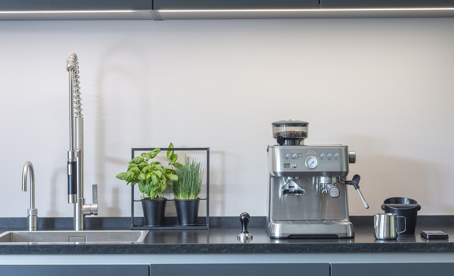 Kitchen countertop with espresso machine, sink, plants, and accessories.