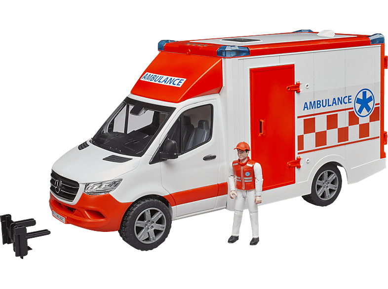 BRUDER MB Sprinter Ambulanz mit Fahrer und Light + Sound Modul Spielzeugauto, Rot/Weiß