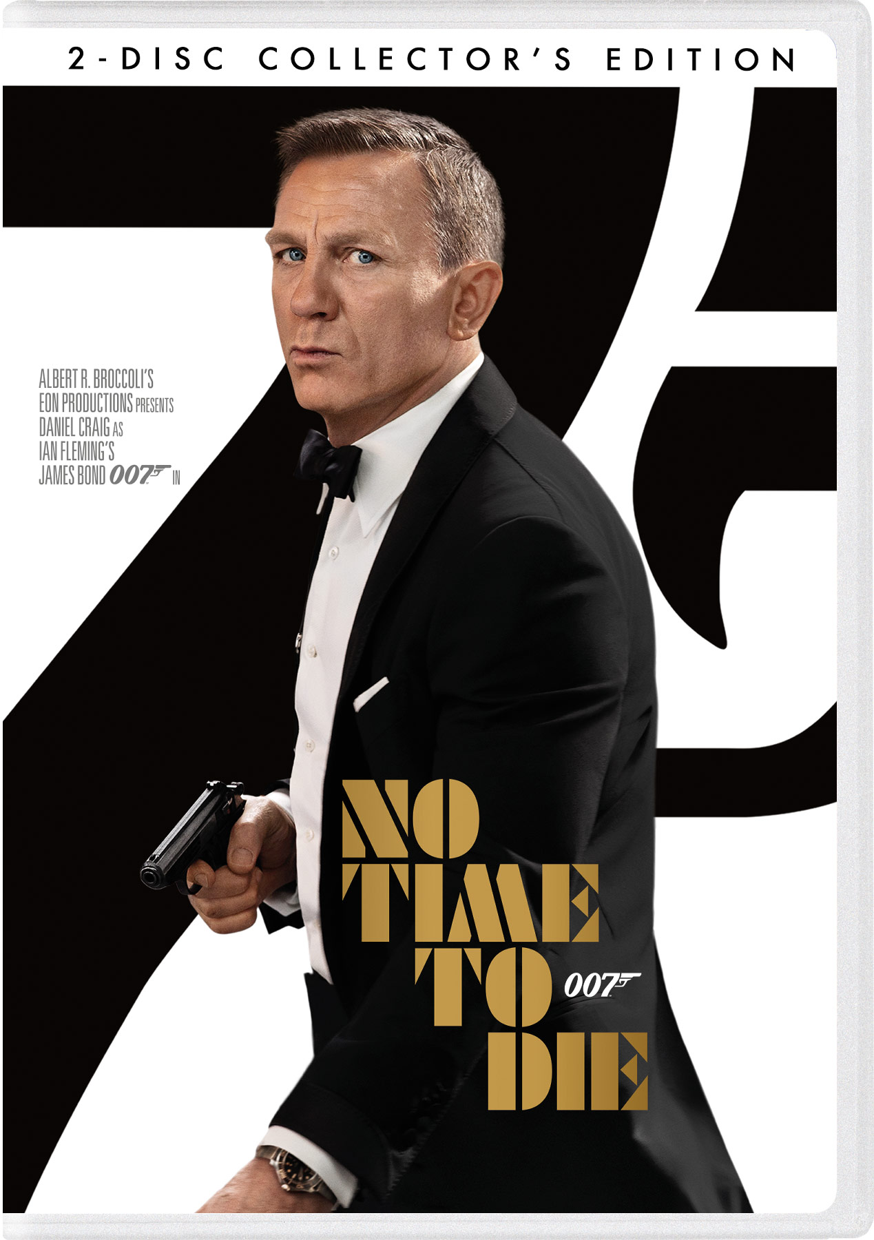 DVD-hoes voor 'No Time To Die'. Daniel Craig in smoking, pistool vast.