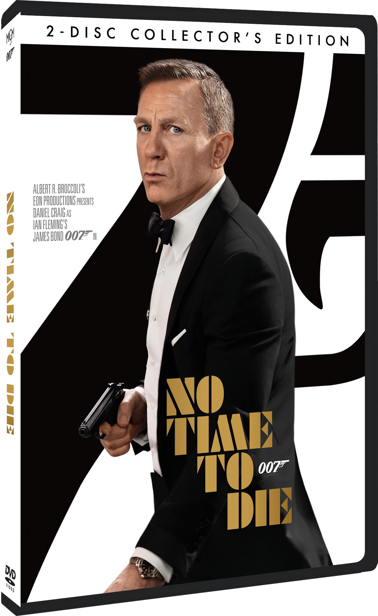 DVD-hoes voor "No Time To Die" met Daniel Craig, in een zwart-wit ontwerp.