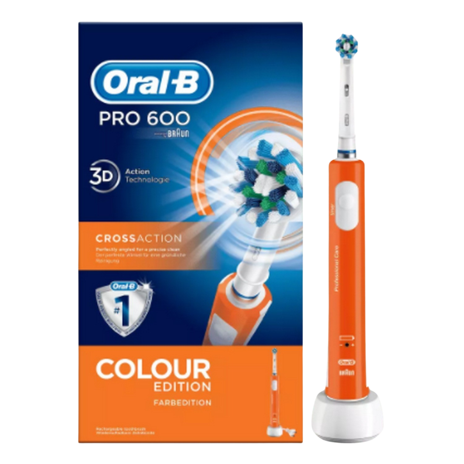 Cepillo eléctrico - Oral-B Pro 600 Cross Action Orange, Movimiento 3D, Indicador de batería, Naranja