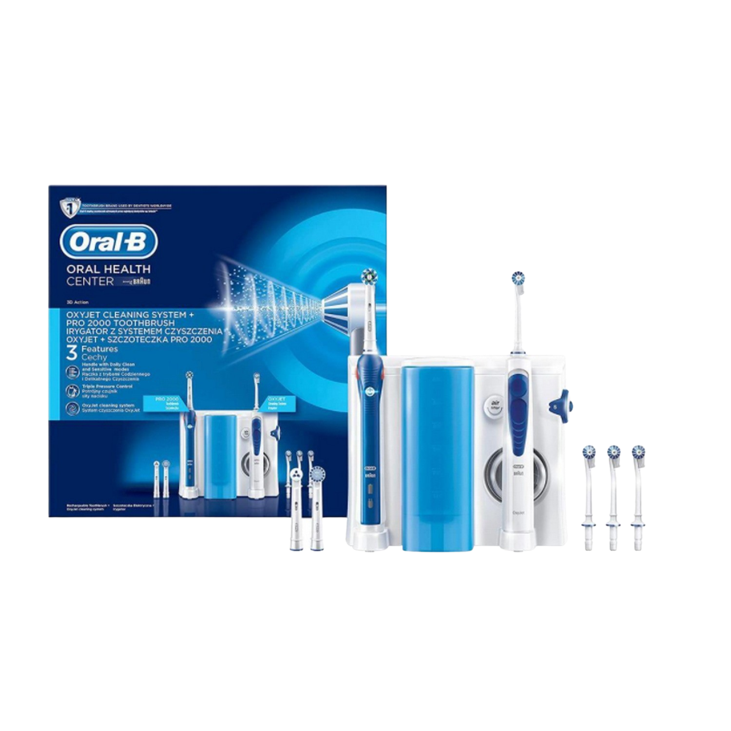 Estación de higiene bucal - Oral-B Irrigador Oxyjet + Cepillo eléctrico Pro 2000, Encías y dientes, Blanco