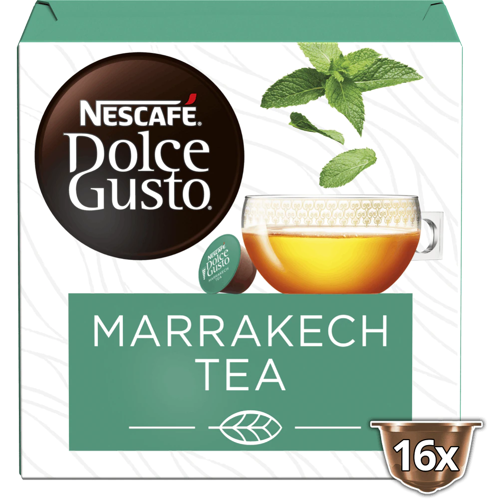Boîte de thé Nescafe Dolce Gusto Marrakesh. Inclut une tasse de thé et des feuilles de menthe, avec 16 capsules.