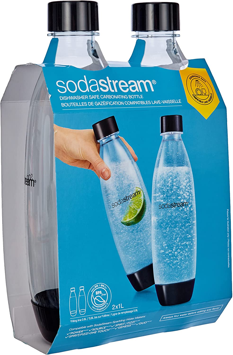 Een verpakking van twee sodastreamflessen. De flessen zijn helder met zwarte doppen.