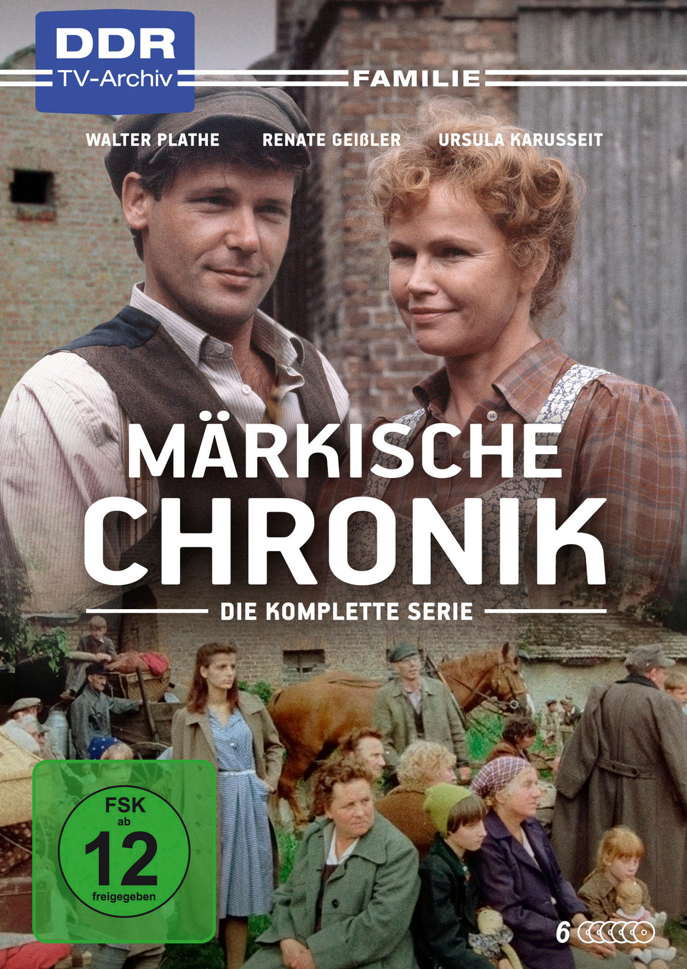 DVD-Cover von 'Märkische Chronik'. Zeigt Schauspieler, eine ländliche Szene und 'Die Komplette Serie'.