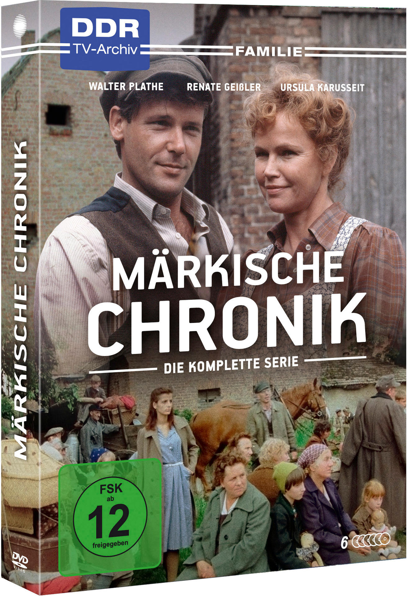 Märkische Chronik DVD-Box. Menschen sind auf dem Cover. Landschaft auf der Rückseite. Dunkler Hintergrund.