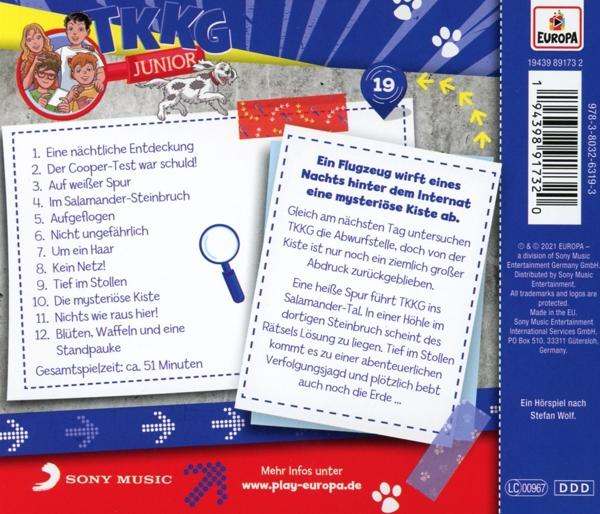 Rückseite eines Kinderbuchcovers mit dem Titel TKKG Junior. Buntes Design und Text, mit Pfotenabdrücken.