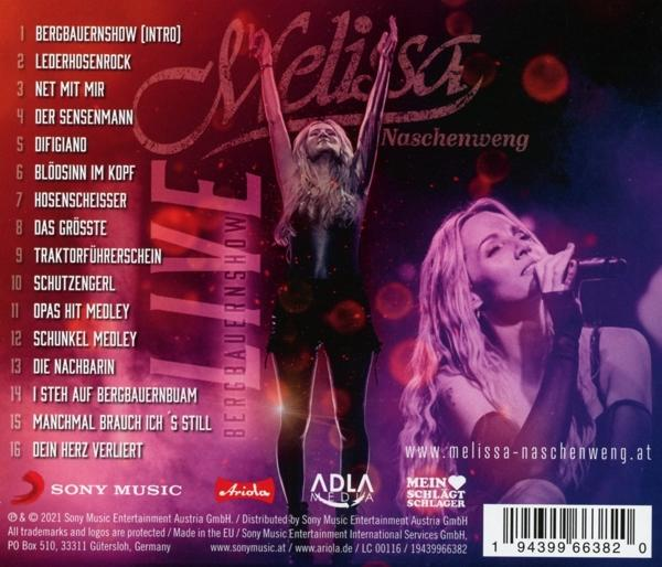 CD-Cover mit einer singenden Frau auf der Bühne und einer Live-Konzert-Trackliste, sowie dem Namen der Künstlerin, Melissa.