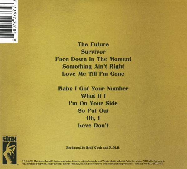 Rückseite einer CD-Hülle. Das Cover ist goldfarben und der Text schwarz. Songtitel sind aufgeführt.