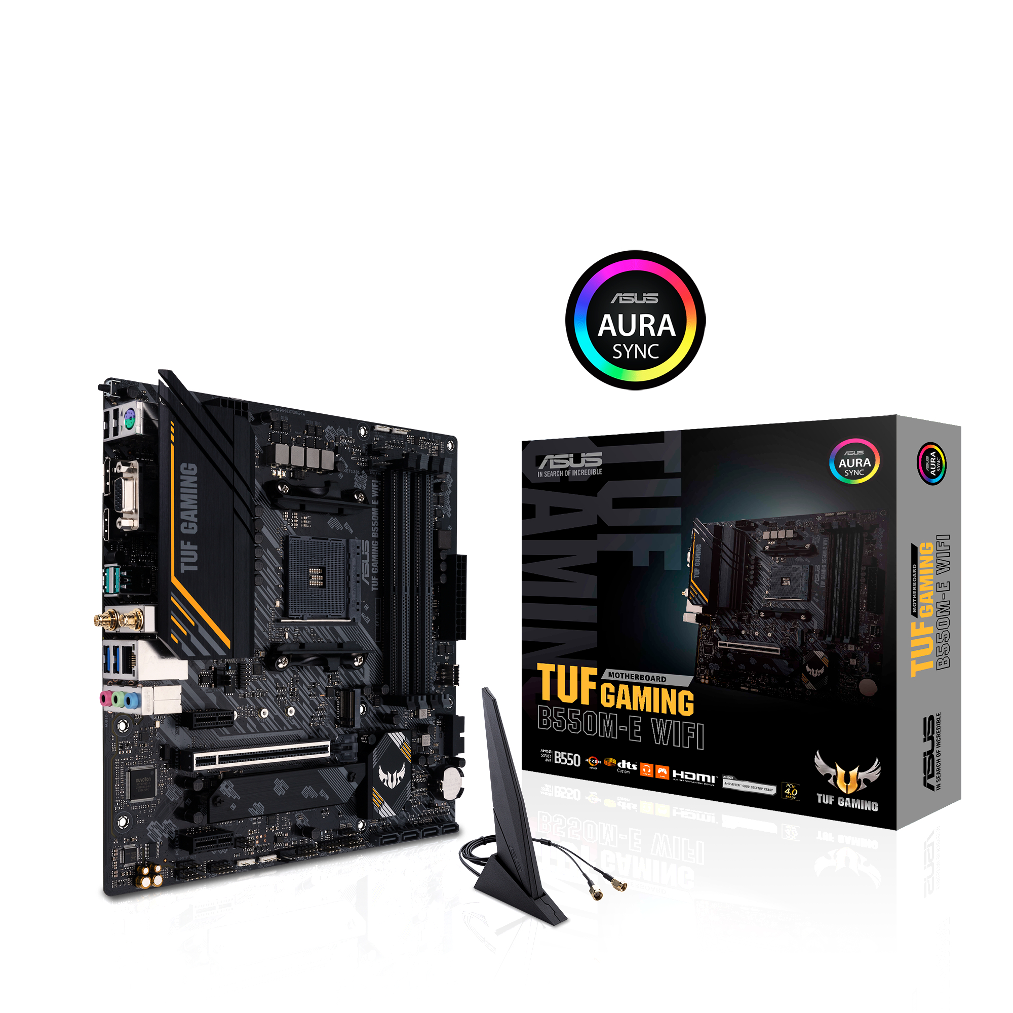 Ein Motherboard und seine Box mit WLAN-Antenne und einem Logo mit farbigem Ring.