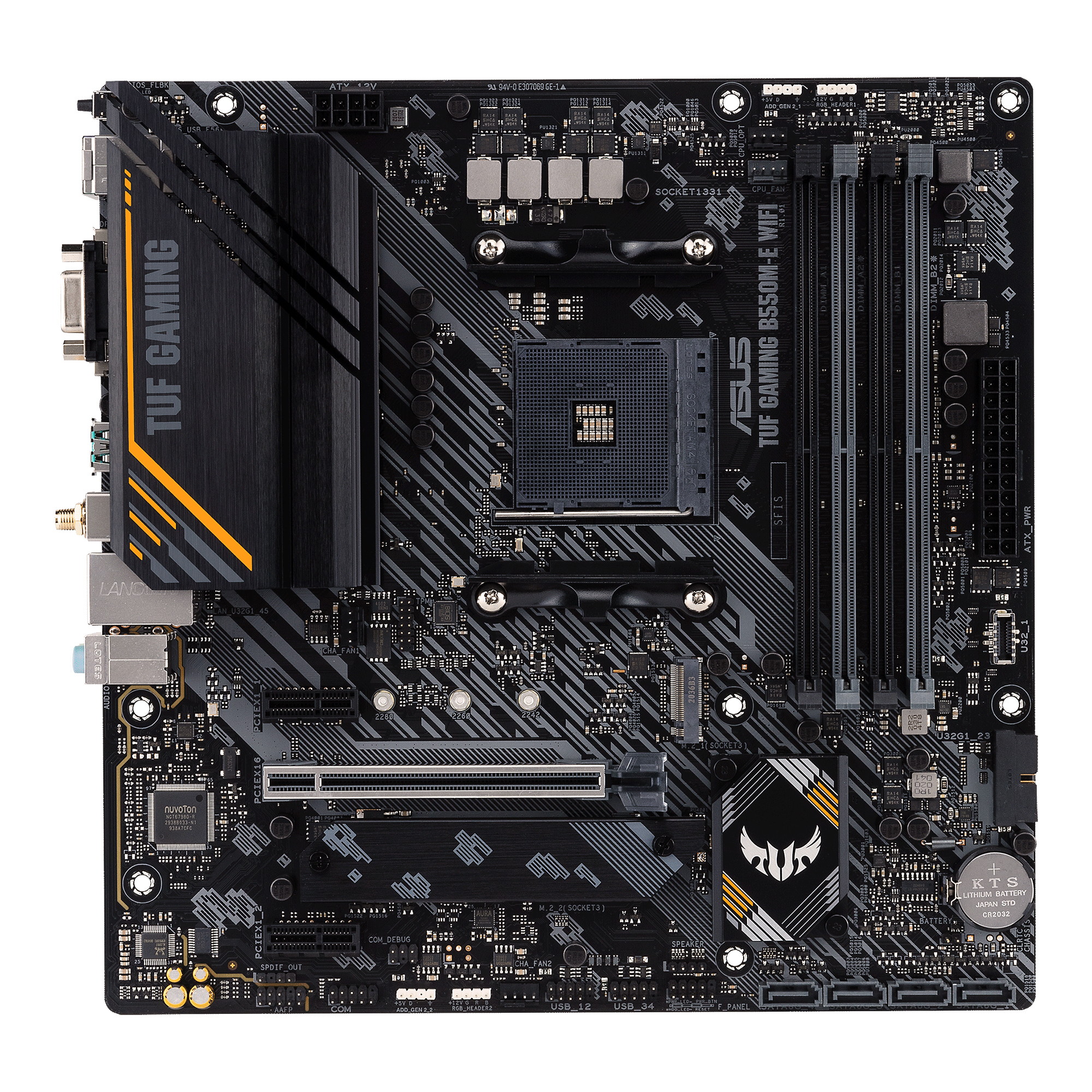 Mainboard mit CPU-Sockel, RAM-Steckplätzen und Anschlüssen, TUF GAMING Label.