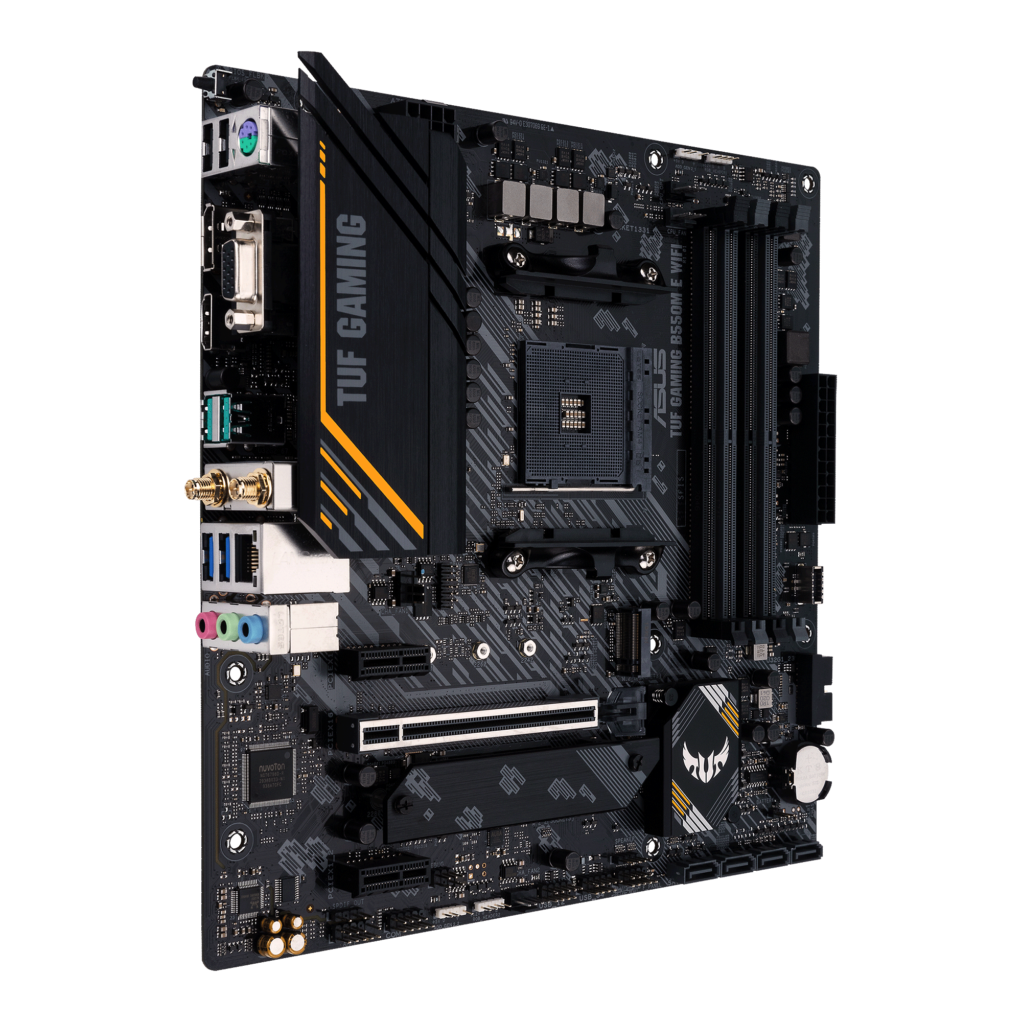 Mainboard mit schwarzem und gelbem Design. Verschiedene Anschlüsse und Steckplätze sind sichtbar.