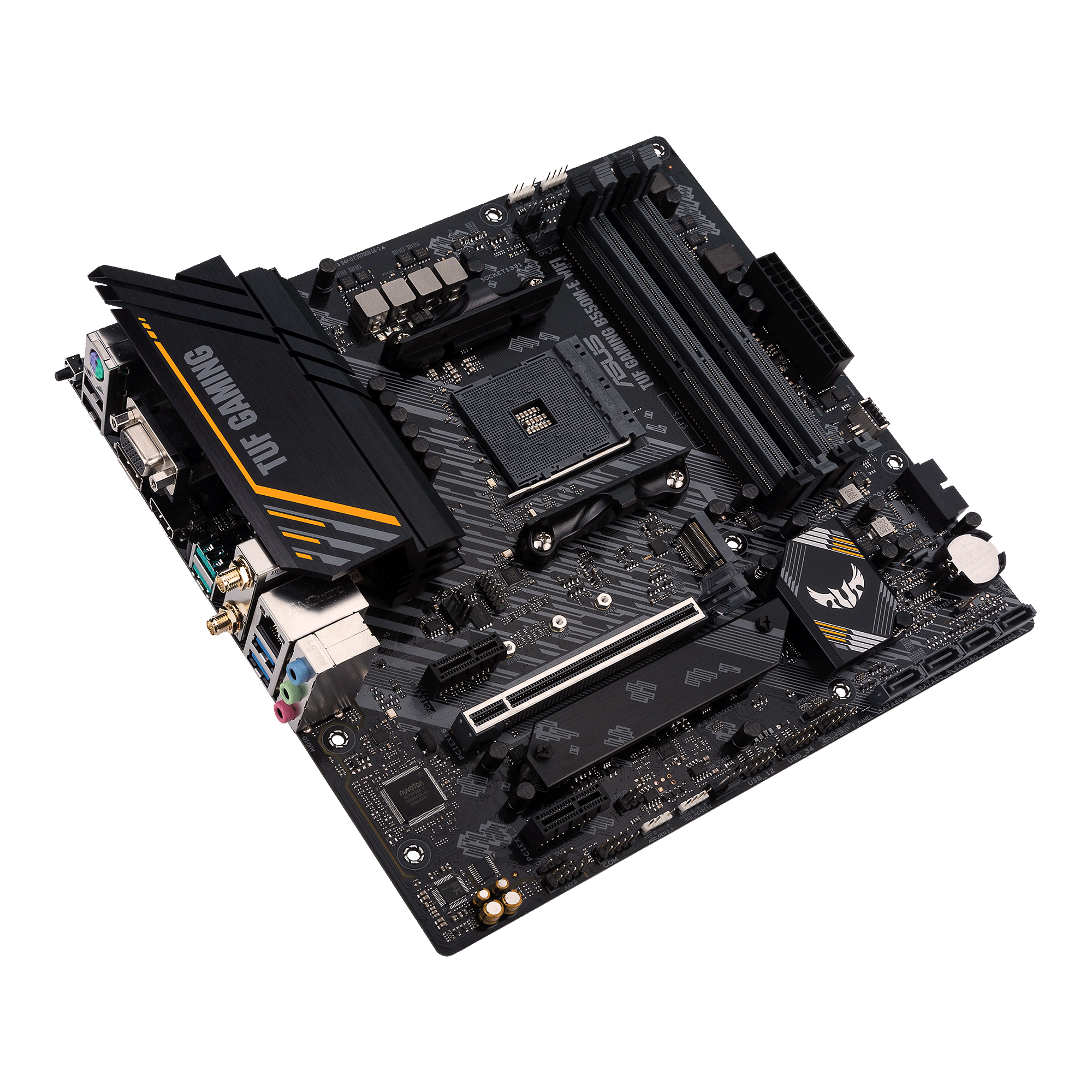 Schwarzes und gelbes ASUS TUF Gaming-Motherboard auf weißem Hintergrund.