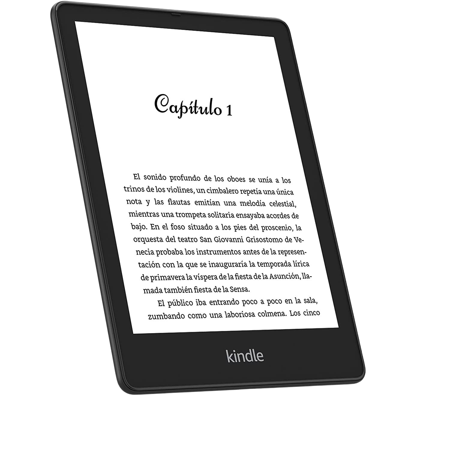Lector electrónico Kindle mostrando texto, dispositivo negro, sobre fondo negro.