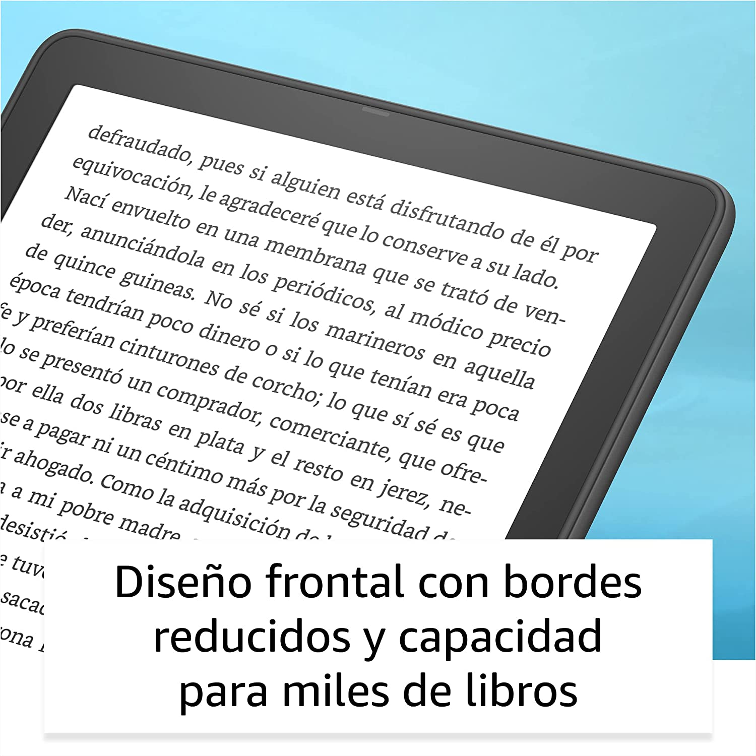 Lector electrónico con texto en pantalla y el texto: diseño de borde reducido.