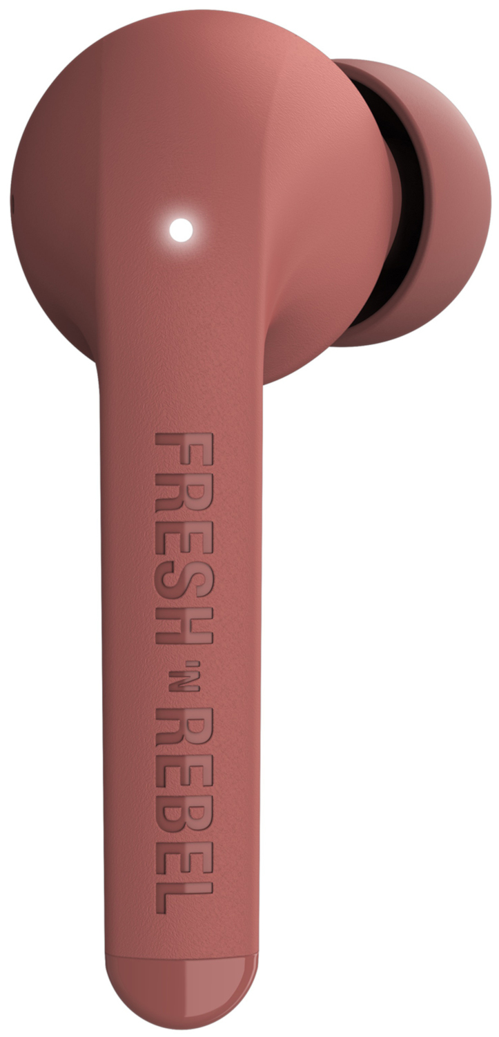 Un seul écouteur couleur corail. Marque visible sur la tige.