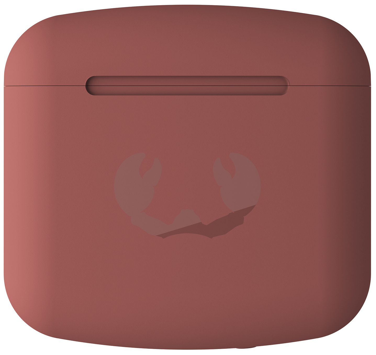 Étui d'écouteurs rose doré avec un logo crabe. Fond blanc.