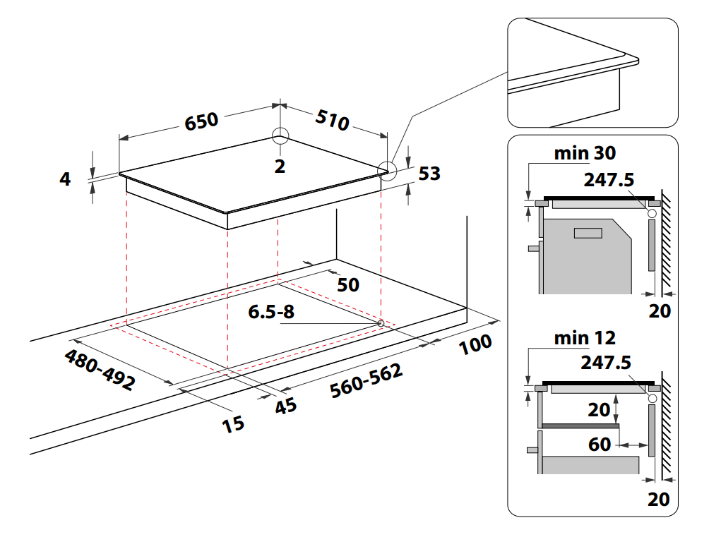 Főzőlap telepítési diagramja méretekkel. Tartalmazza a felülnézetet és az oldalsó nézet részleteit.