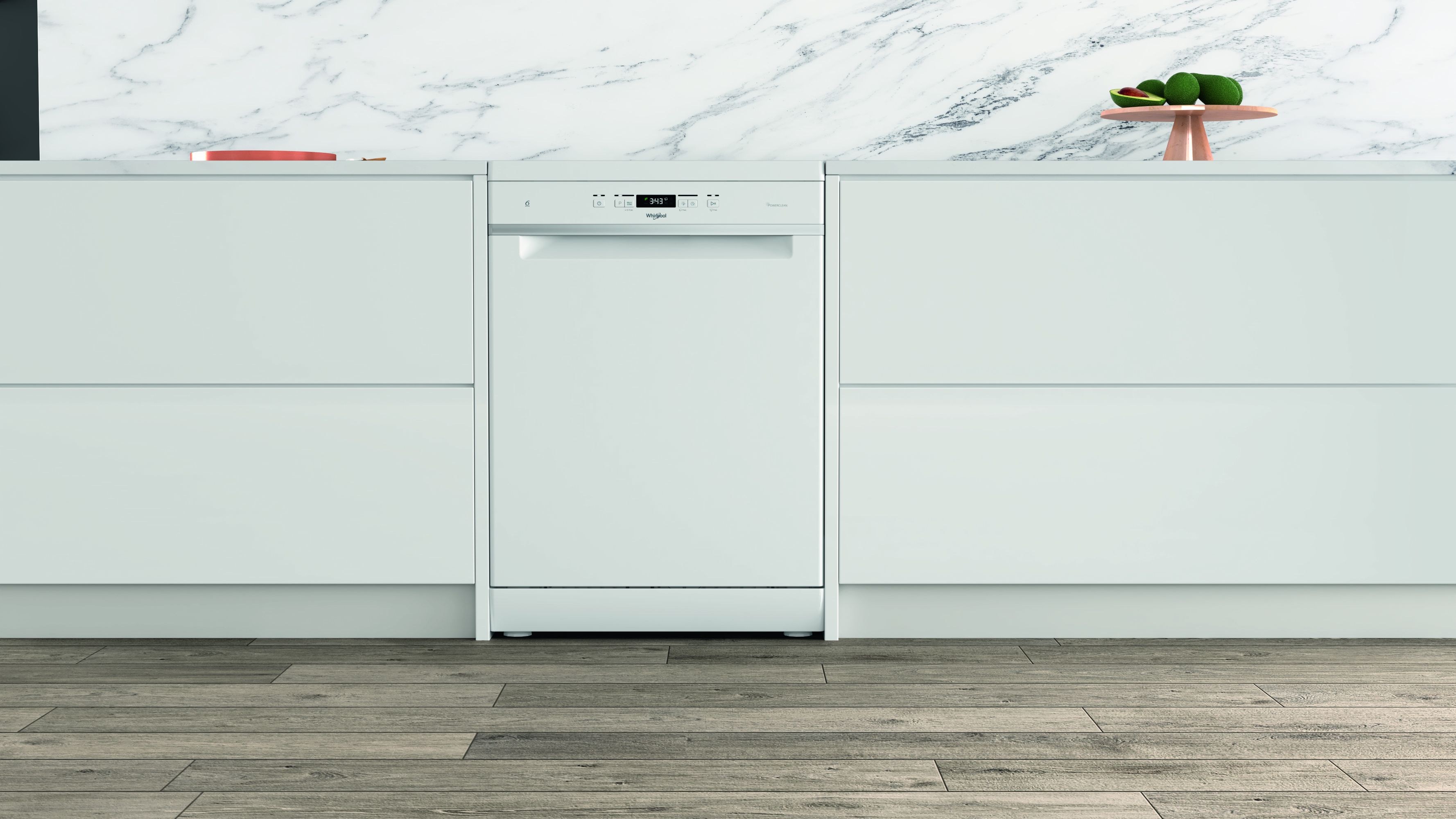 Fehér mosogatógép fehér szekrénybe építve. Alatta fa padló. Tiszta és modern design.