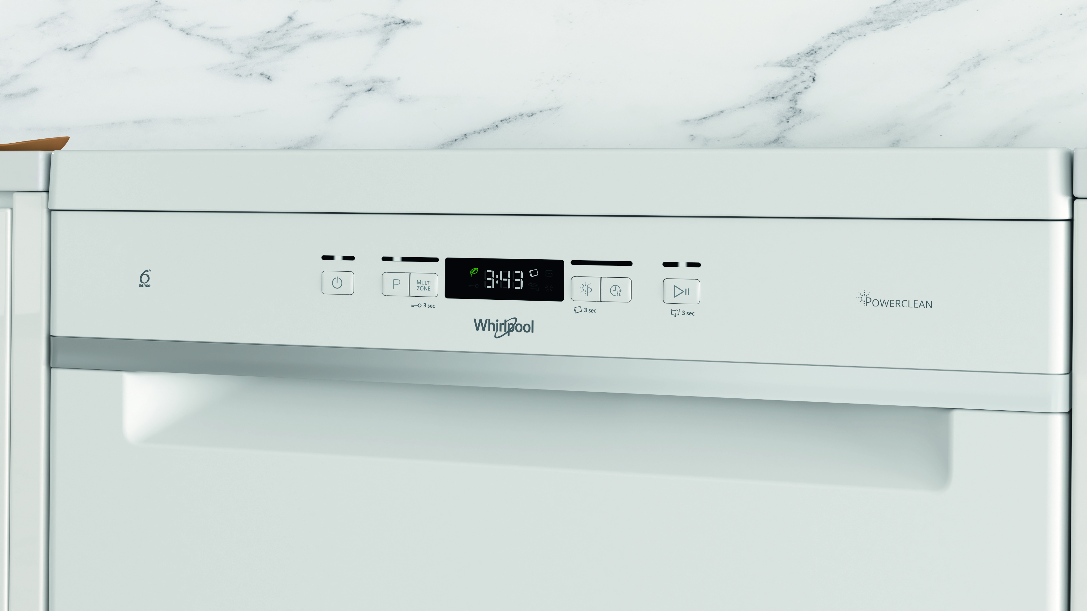 Whirlpool mosogatógép vezérlőpanel 3:43-at mutat, fehér felület.