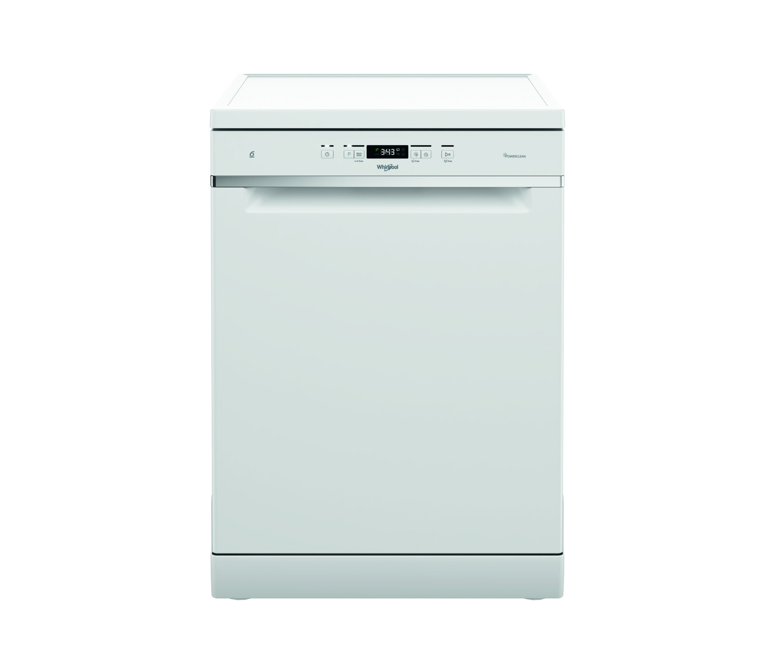Fehér Whirlpool mosogatógép. Vezérlőpanel felül. Fehér háttér.