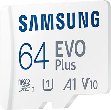 Witte Samsung 64 EVO Plus micro SD-kaart. Tekst: 64 EVO Plus, micro SD, A1 V10, U1.