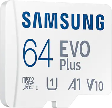 Een witte Samsung 64GB MicroSD-kaart. Het toont branding en specificaties.