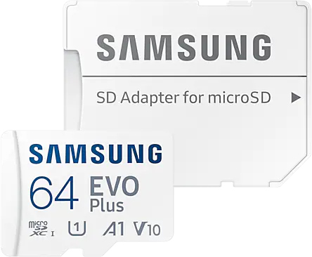 Twee witte Samsung SD-kaarten en een adapter. Eén kaart heeft een blauw label en een 64 EVO Plus-label.