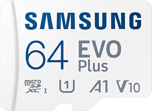 Witte Samsung 64 EVO Plus MicroSD-kaart, met diverse technische specificaties erop gedrukt.