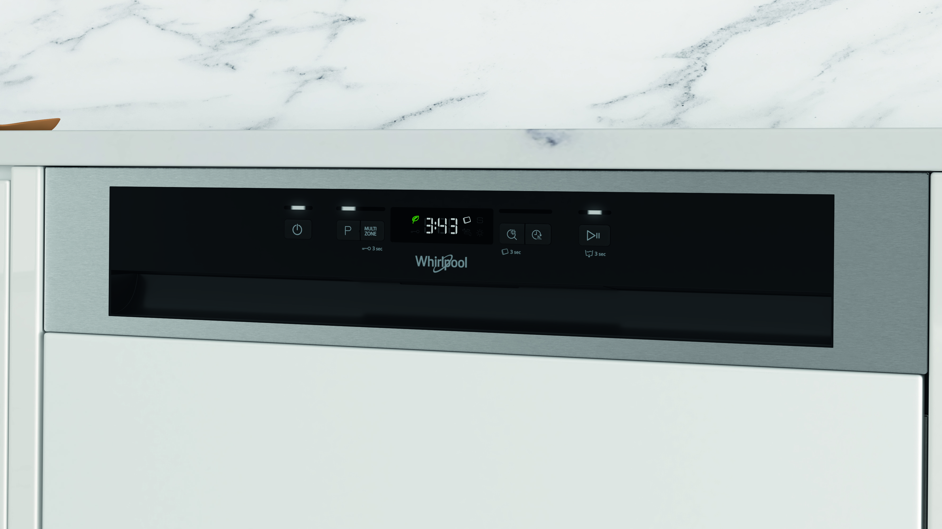 Whirlpool mosogatógép vezérlőpanel, kijelzővel, ami az időt mutatja: 3:43.