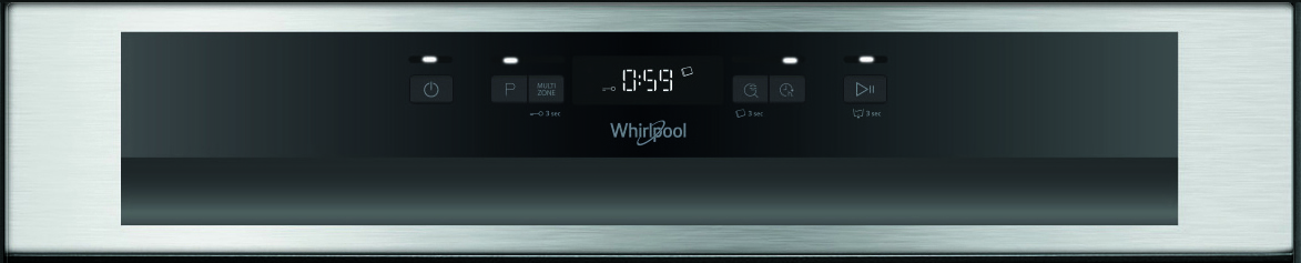 Whirlpool sütő vezérlőpanelje kijelzővel, gombokkal és időzítővel.