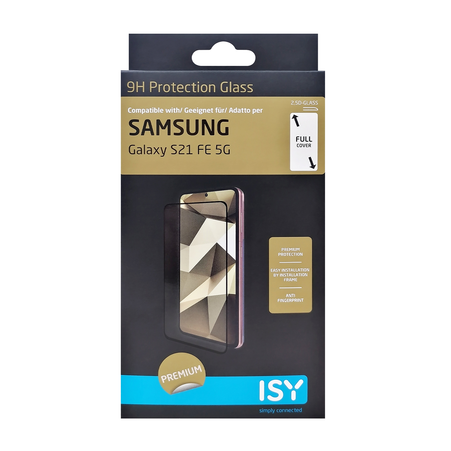 Confezione per una protezione schermo per telefono Samsung Galaxy S21 FE 5G. Il testo indica vetro di protezione 9H.