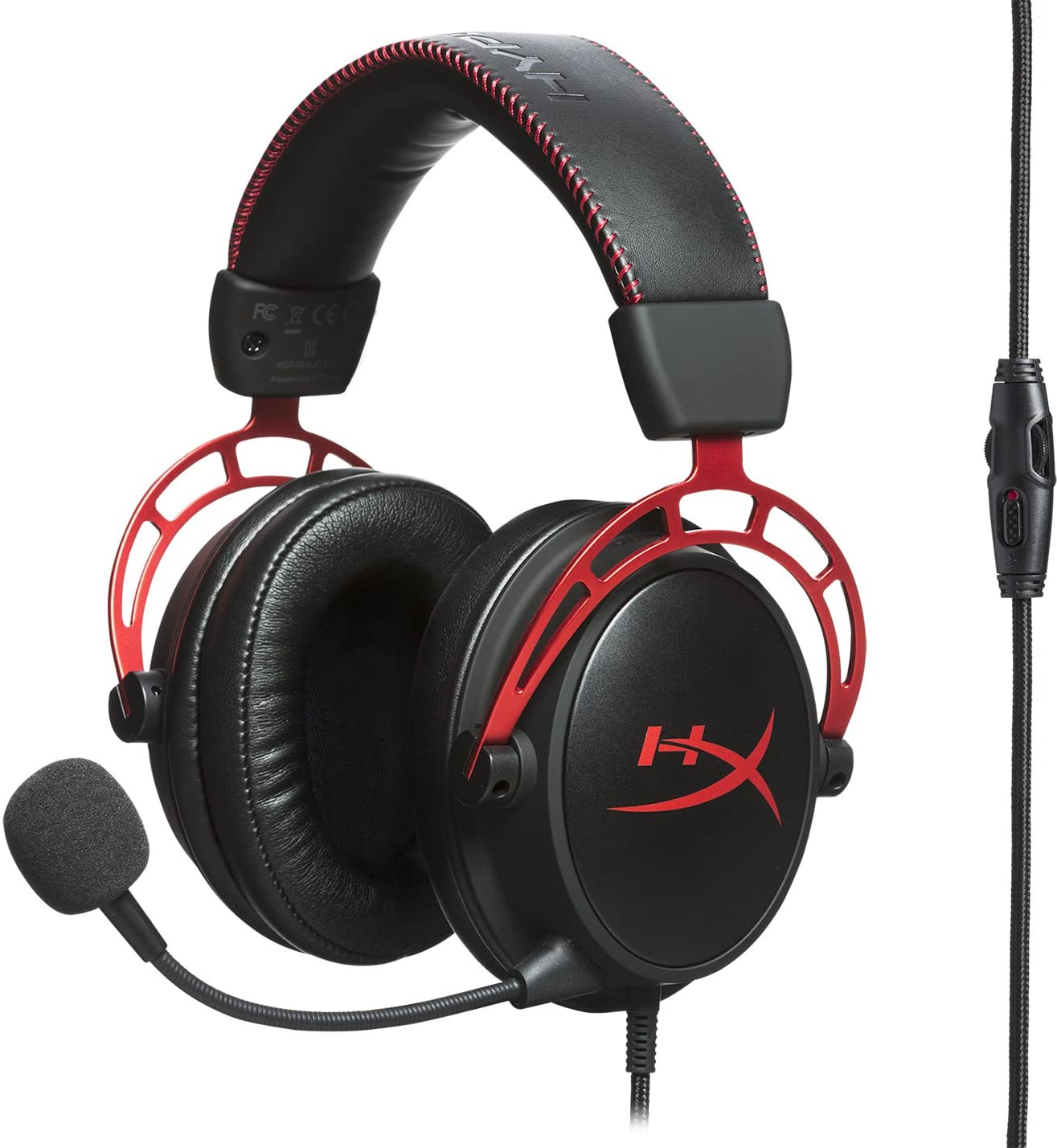 Schwarze und rote Gaming-Kopfhörer mit Mikrofon und Steuerkabel.