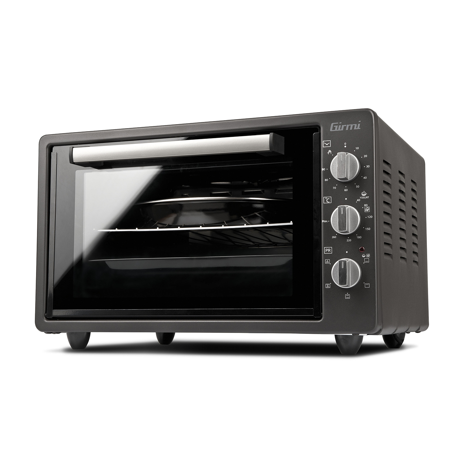 Forno tostapane nero con porta in vetro. Ha manopole di controllo e una maniglia.