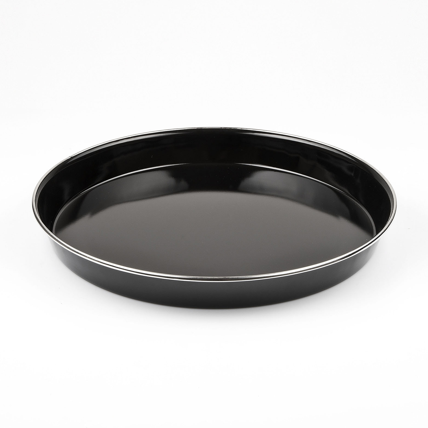 Vassoio rotondo in metallo nero con bordo argentato, isolato su sfondo bianco.