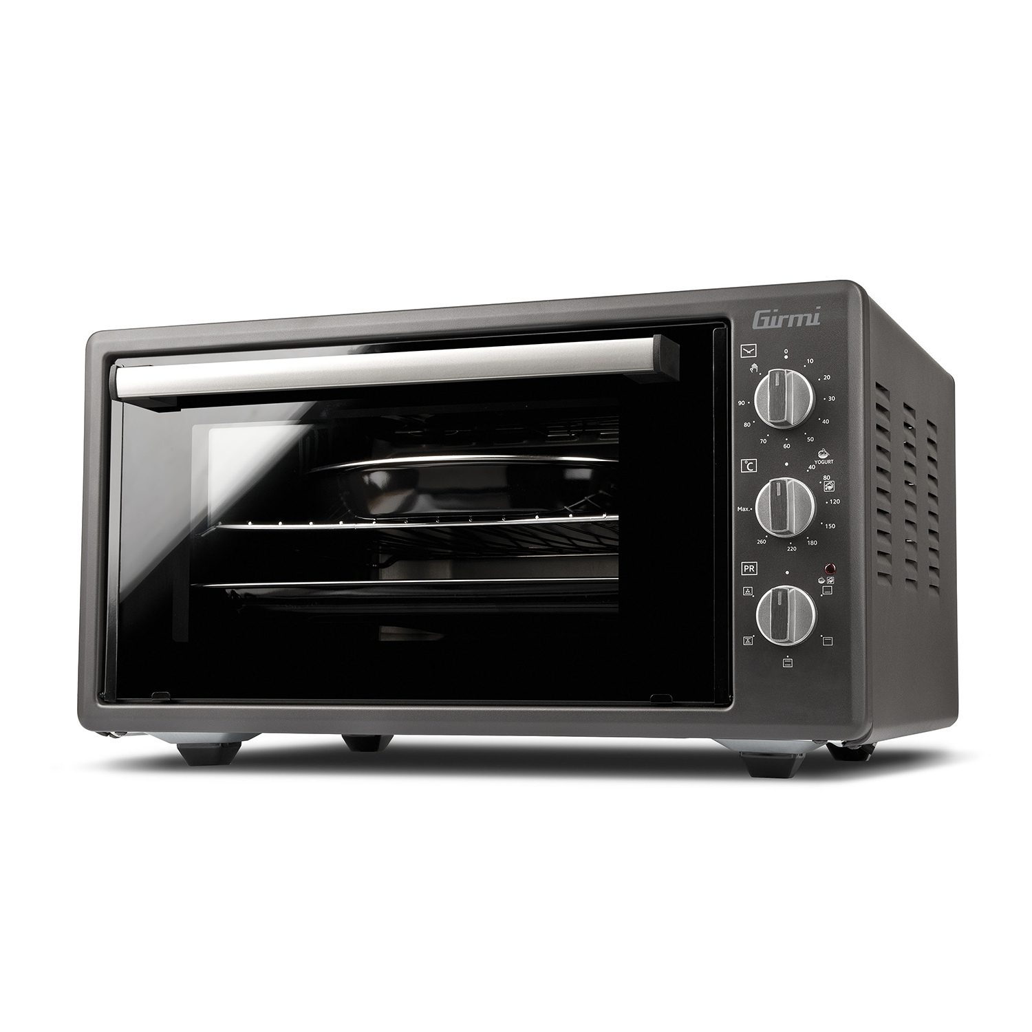 Un forno Girmi grigio scuro con porta a vetro e manopole di controllo. Il forno è vuoto.